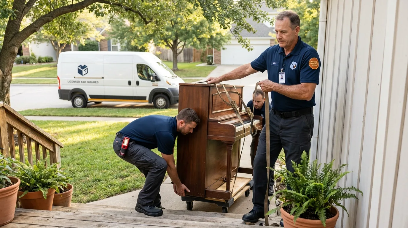 Licensed piano movers securing grand piano in Madison, GA