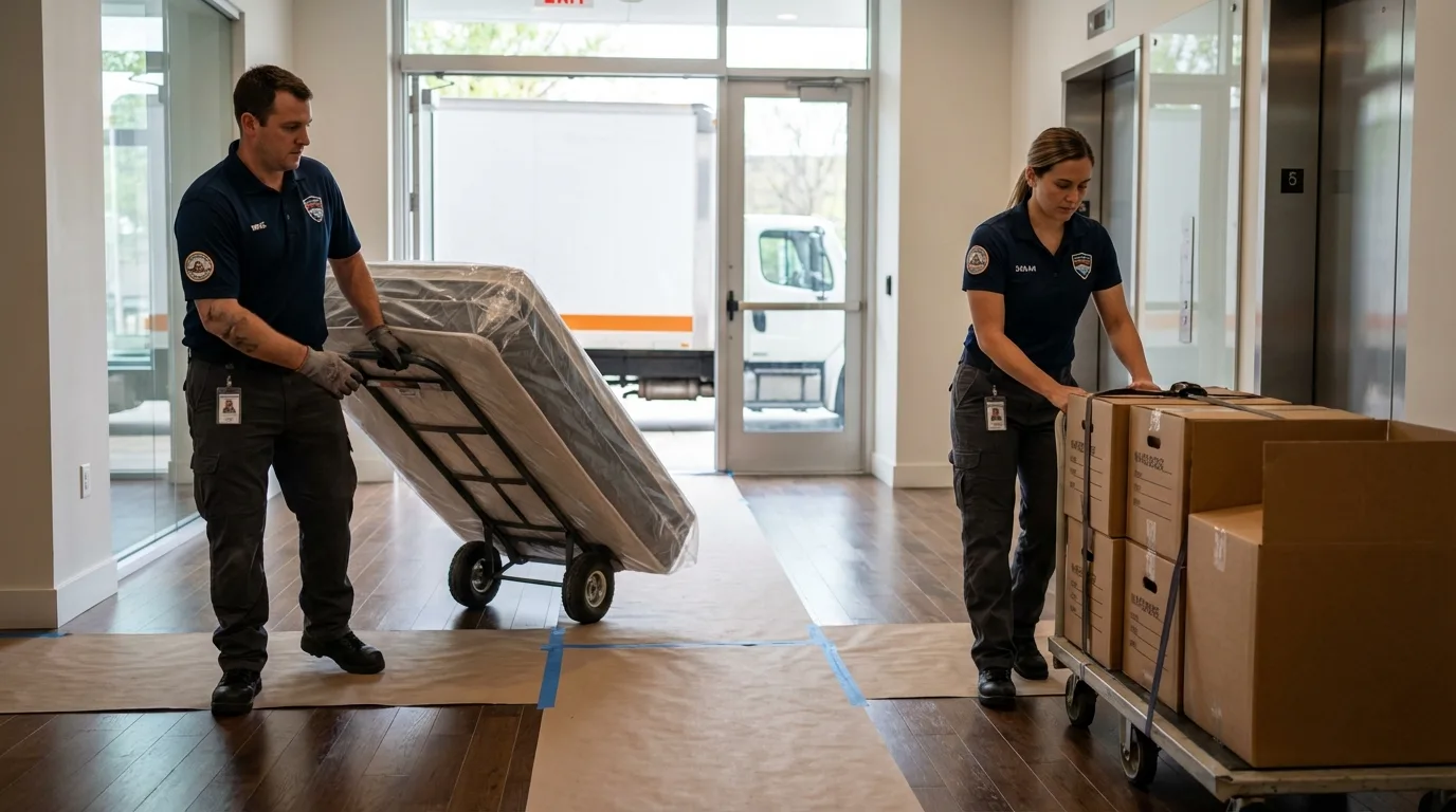 Professional apartment movers loading elevator in Madison, GA