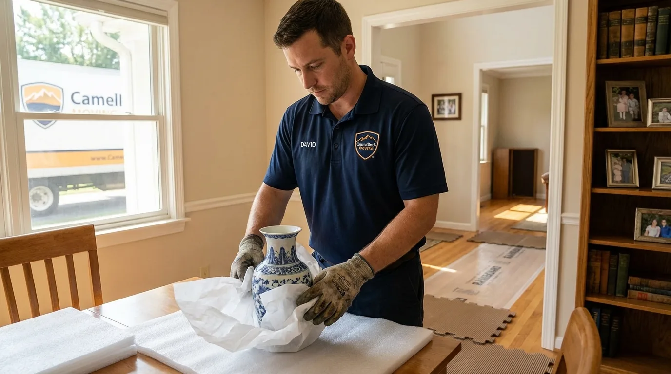 Professional crew carefully wrapping antique vase for senior downsizing move in Madison, GA